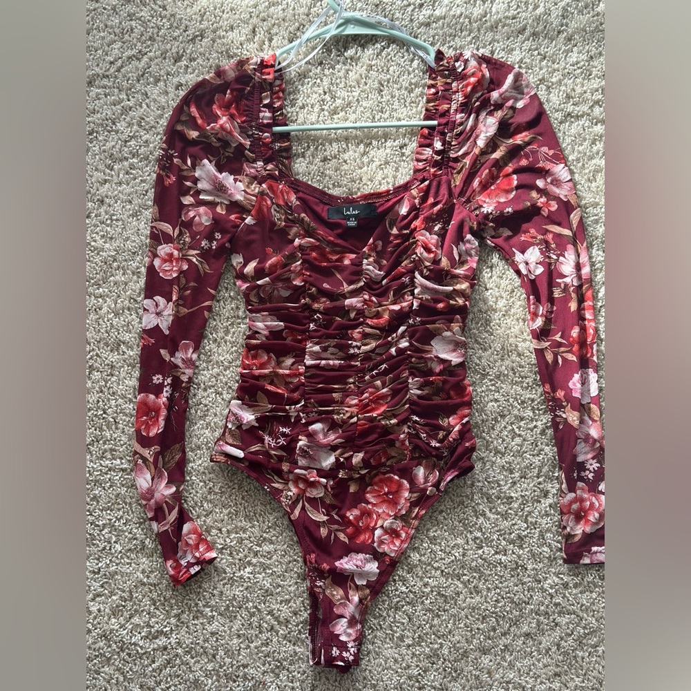 Absolutely Thriving Burgundy Floral Mesh Ruched Bodysuit - Picture 2 of 4